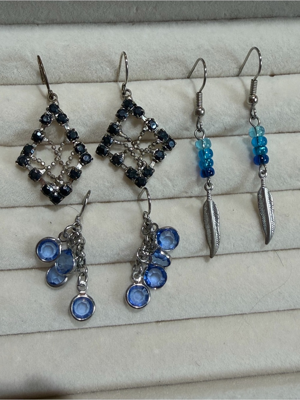 Silver-Tone Blue Crystal Dangle Earrings - Set of 3